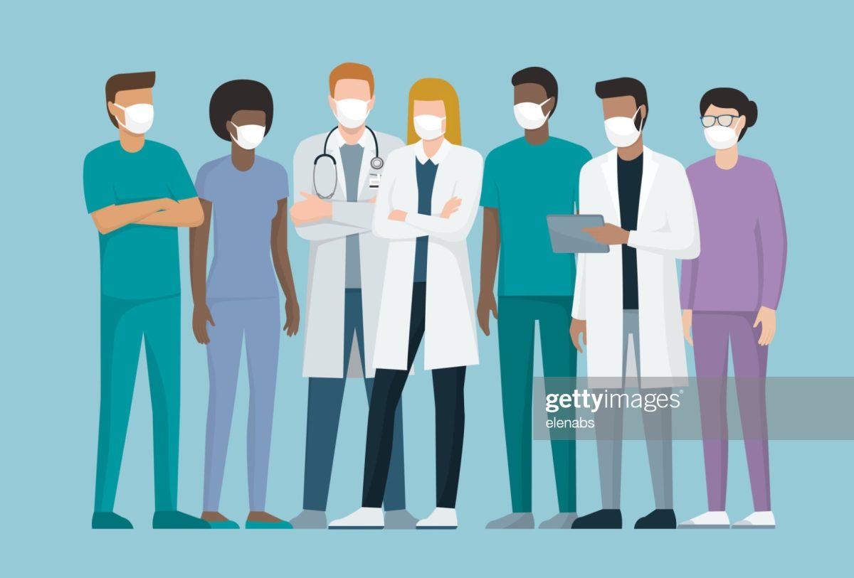 Doctors and medical staff wearing surgical masks, they are standing together, coronavirus prevention concept