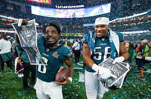 Grayson Pitman
Eagles players Tyler Steen & CJ Gardner-Johnson on the field after the Eagles won Super Bowl LIX. 
