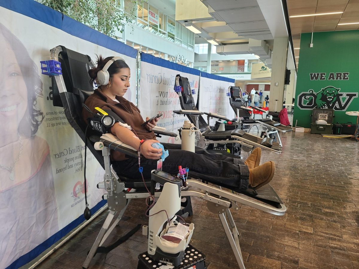 Student donating
blood for New York Blood Center at SUNY
Old Westbury campus
atrium on Feb. 11, 2026. PHOTO BY: MICHELLE​ MORENO