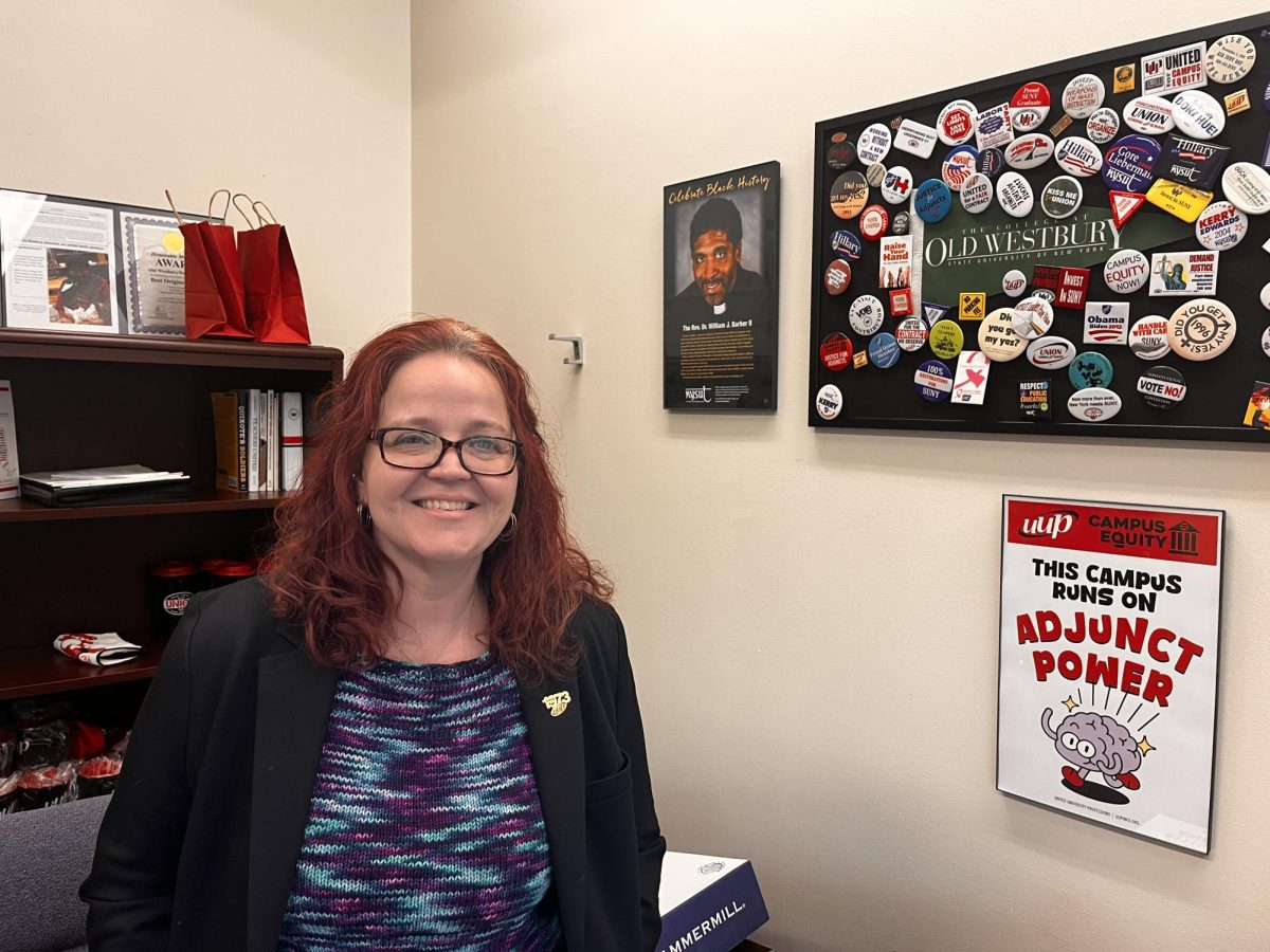 Annessa Babic, Chapter President of UUP and professor at SUNY Old Westbury, next to her pin board in her SUNY Old Westbury office. April 2, 2026. PHOTO BY: JEDIDIAH ZERVOS