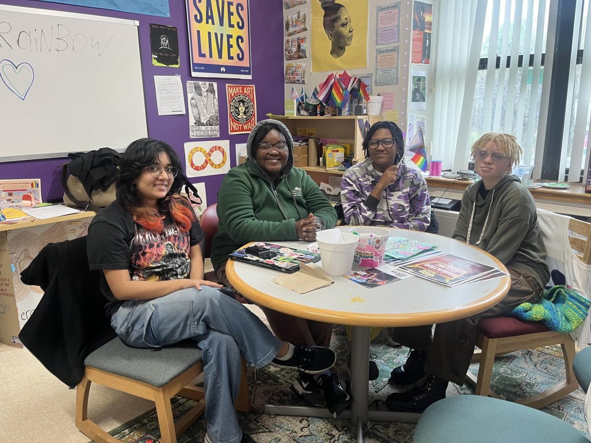 OW Rainbow members Vee Shupty, Jara Gonzalez, Beranna Beckett and Sam Hamilton in the Women’s, Gender and Sexuality Center on April 22, 2026. PHOTO BY: HAILEY MATTHEWS